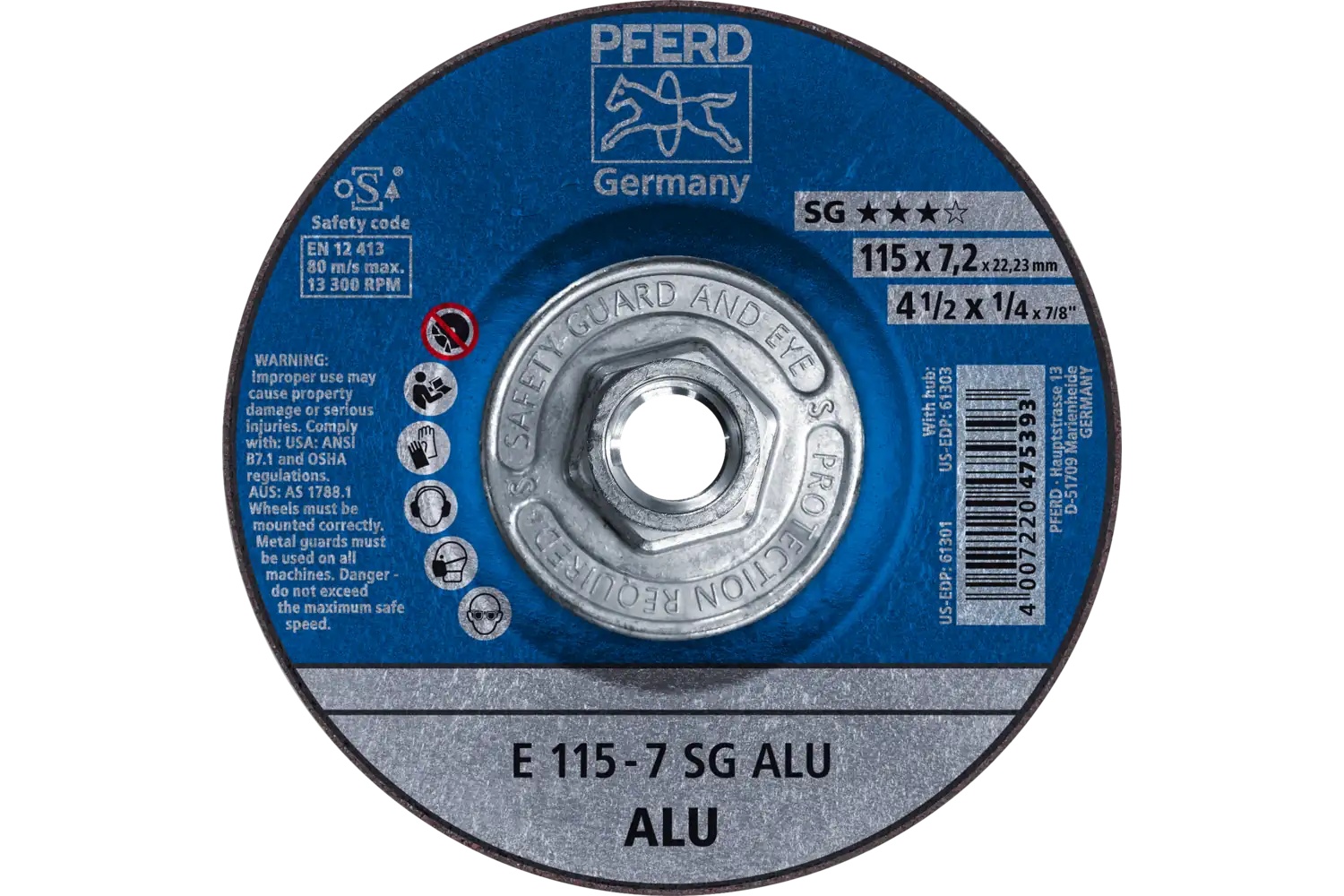 Picture of Pferd Grinding Wheel, 4-1/2"X 1/4 X 5/8-11, Sg Alu, T27, Aluminum Oxide, Silicon Carbide